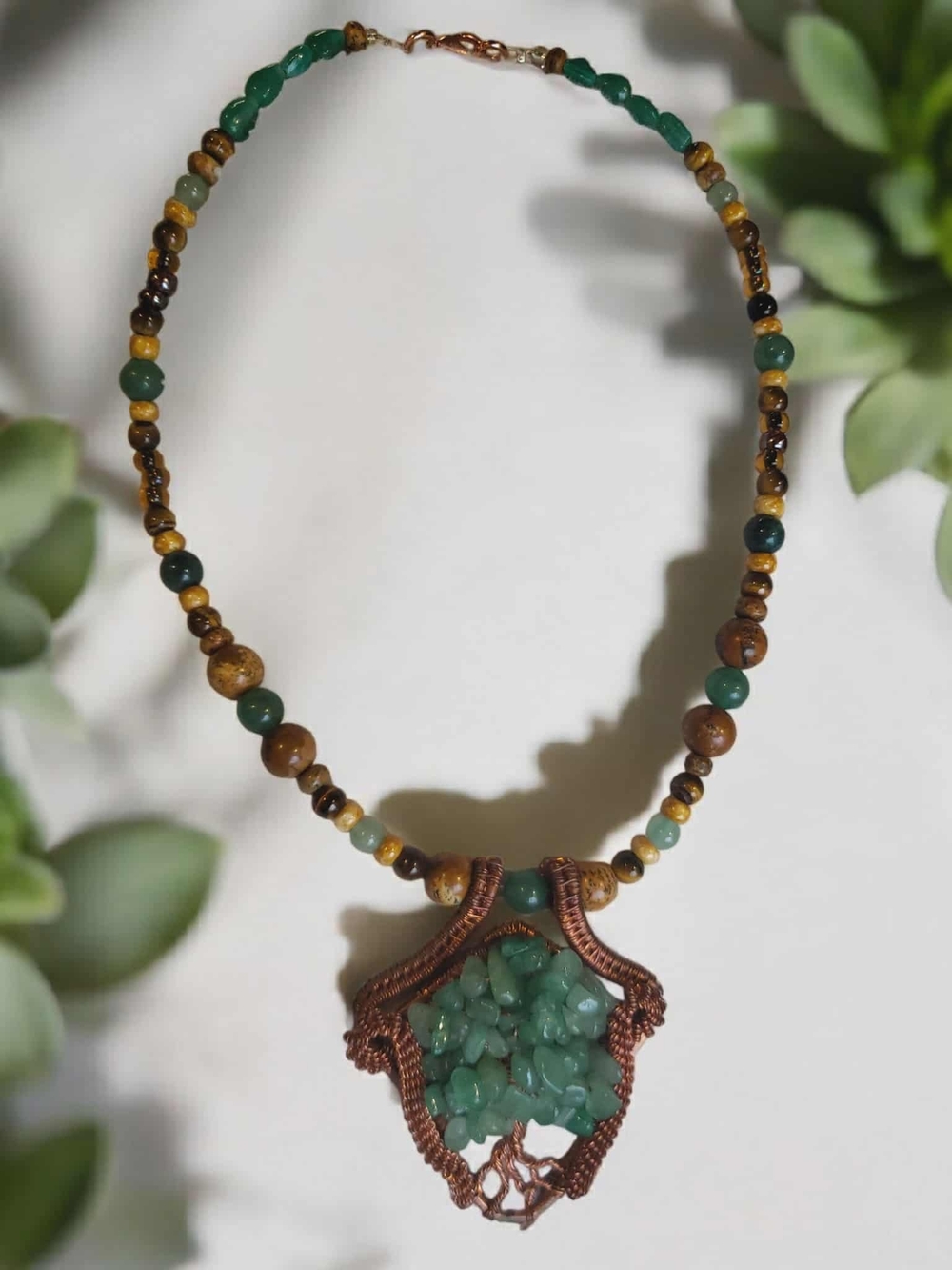 Handcrafted Tree Of Life Copper Wire Wrapped Beaded Aventurine Pendant Necklace